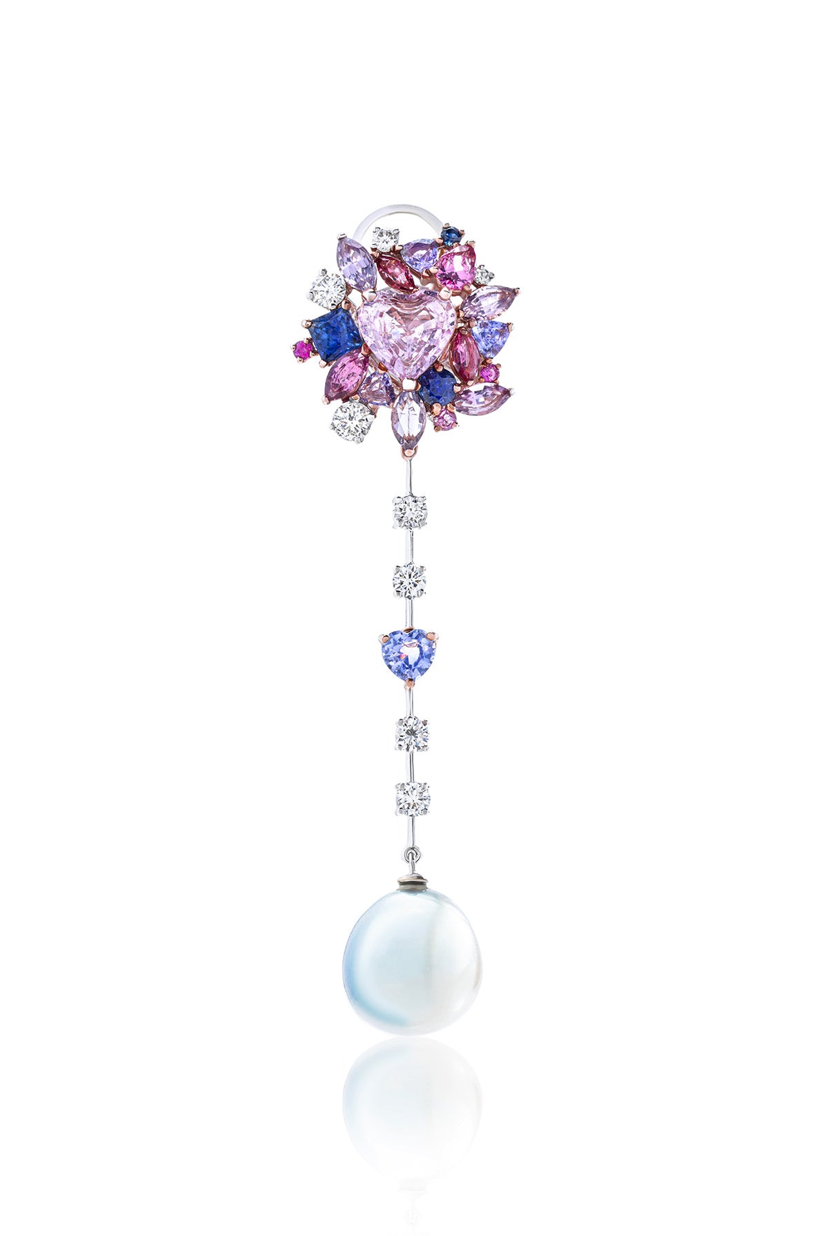 Heart Pink Sapphire and Pearl Single Earring