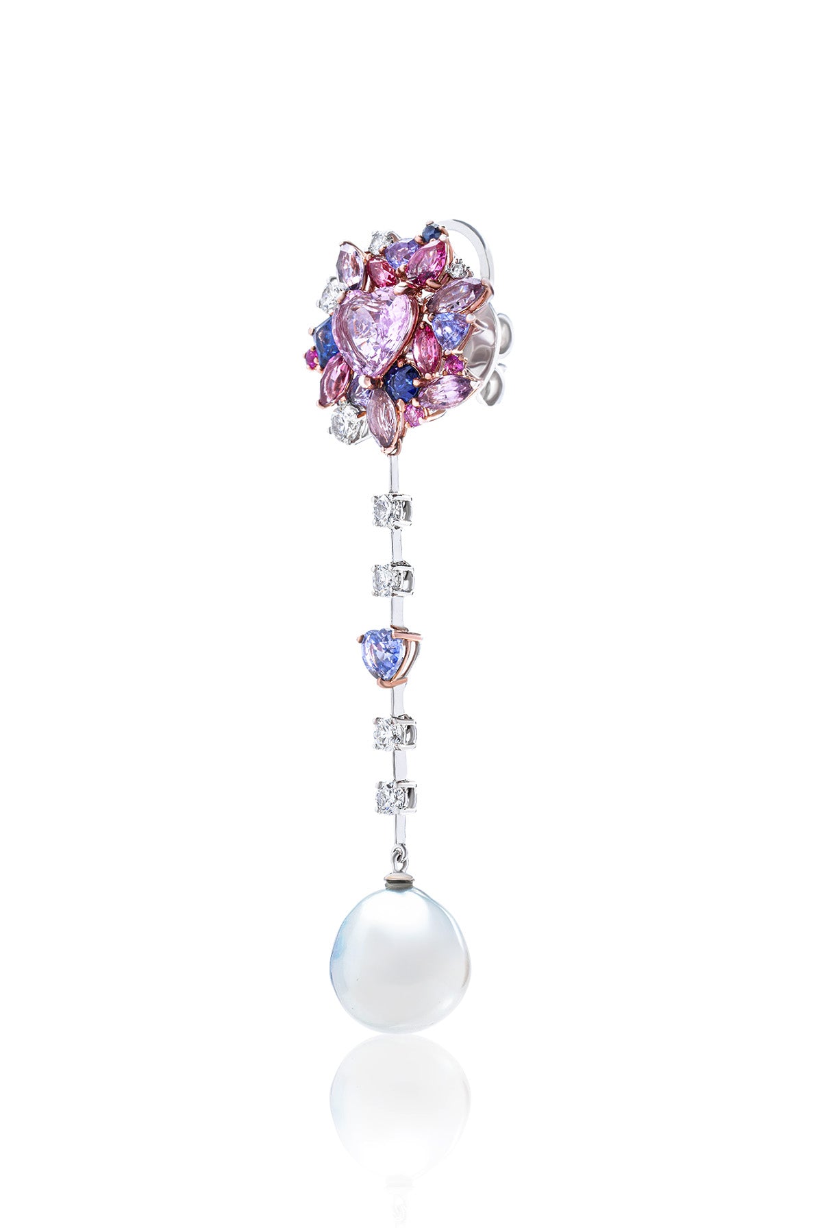 Heart Pink Sapphire and Pearl Single Earring