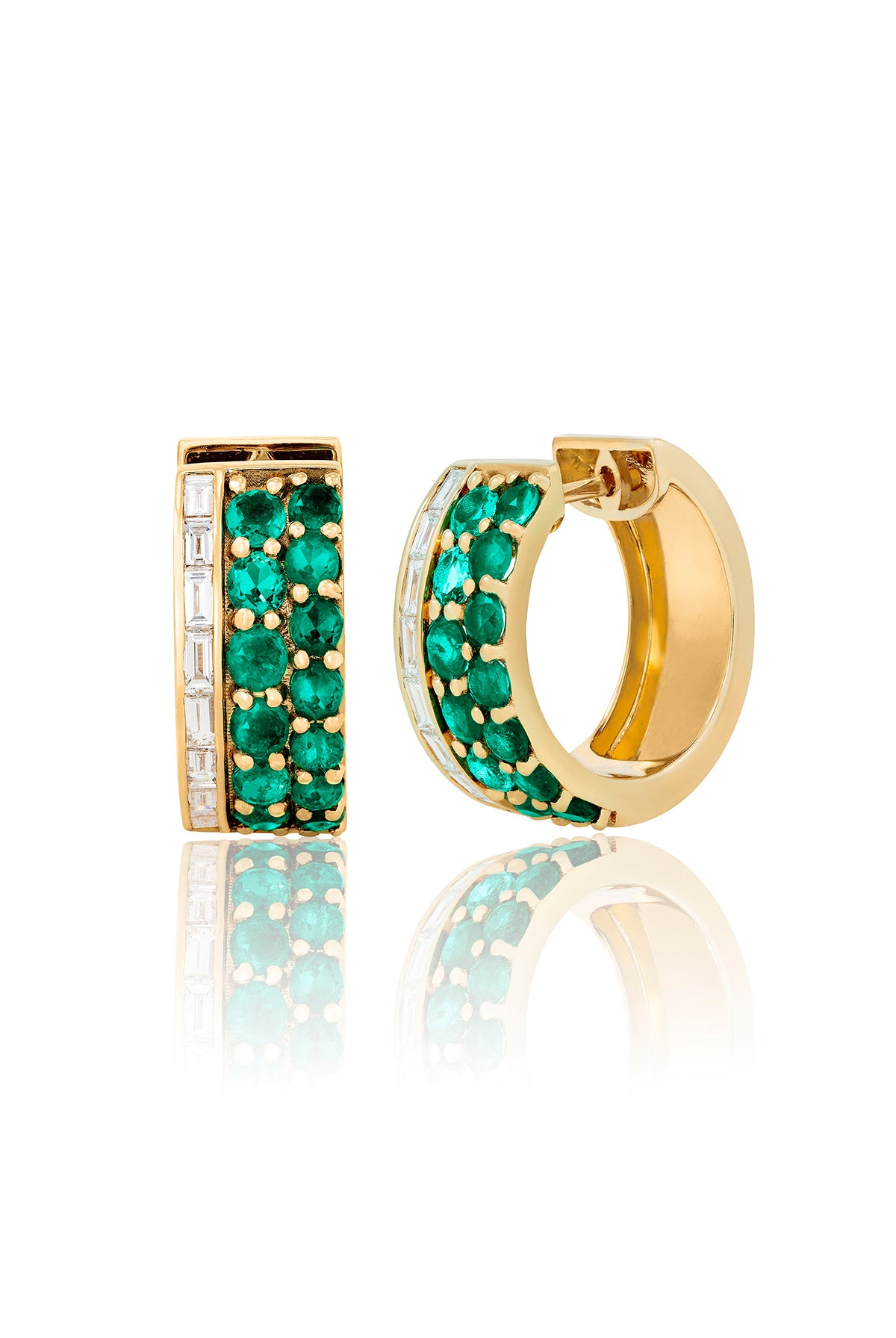 Emerald and Baguette Diamond Tiered Huggies