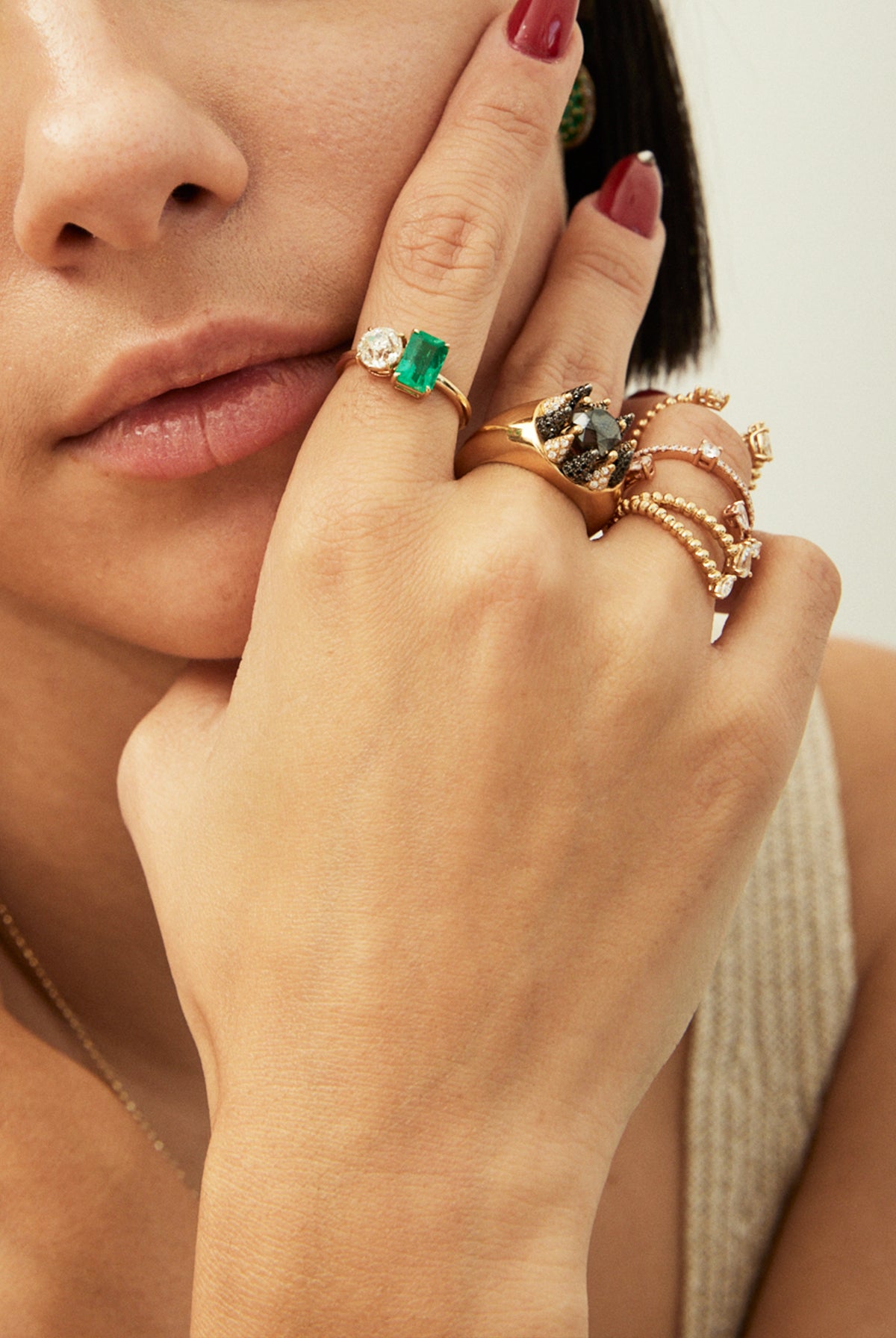 Old Euro and Colombian Emerald Toi et Moi Ring