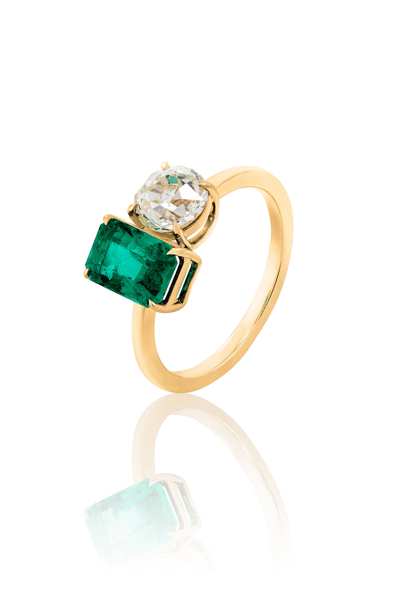 Old Euro and Colombian Emerald Toi et Moi Ring